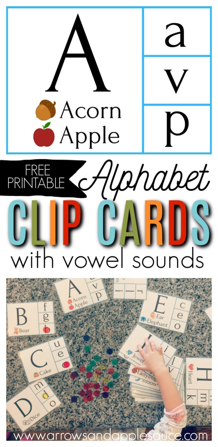 Free alphabet and counting clip card printables. Learning the alphabet and vowel sounds, and counting up to twenty is fun and easy with these cute clip card matching games. #alphabetactivities #preschoolprintables #learningtocount #clipcards #freeprintables #preschoolathome #preschoolmath #vowelsounds