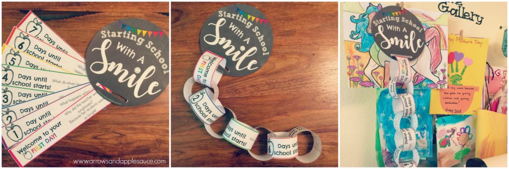 We're starting some fun first day of school traditions this year! Check out our fun photo prop signs and a cute countdown chain to the big day! #homeschool #learningathome #preschool at home #firstdayofschool #backtoschool #photoprop #countdown #printables