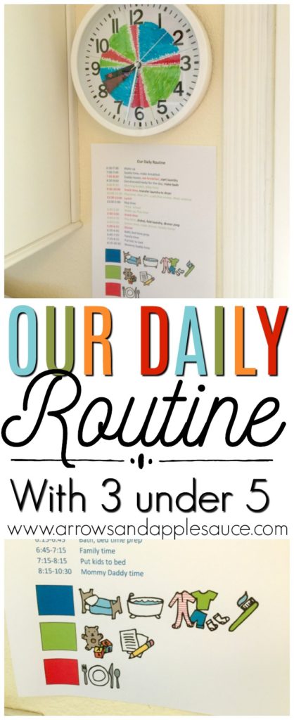 Our daily routine with three kids under five years old is full and busy! Here is what an average day looks like for us. We always find time for play with a little school and rest mixed in, lots of snacks, and happy memories. #dailyroutine #threekids #momlife #preschoolhomeschool #homeschoolroutine #learningathome #dailyschedule #kidsschedule