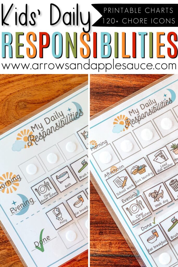 Encourage your kids to be more independent with this easy-to-use printable daily responsibilities chart with up to 120+ chore icons. #kidschorechart #kidsdailyresponsibilities #dailyrhythm #kidsdailyschedule #kidslifeskills