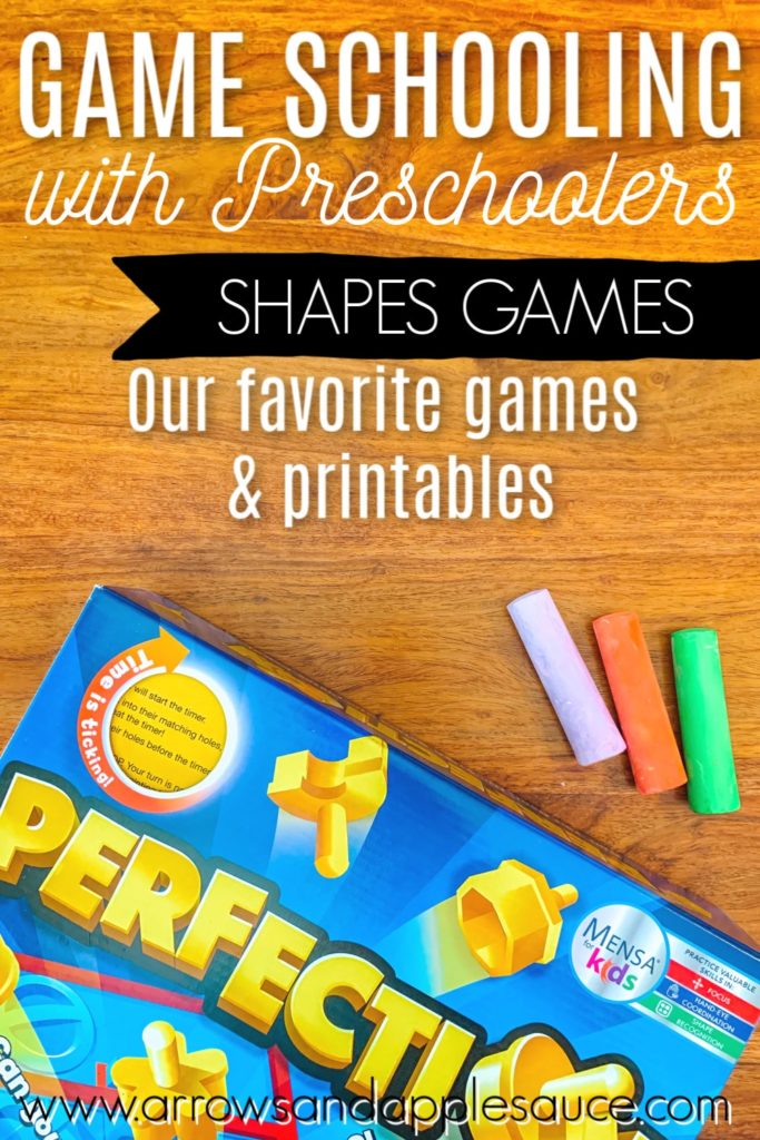 Learning shapes is so fun with game schooling! Check out our favorite board games and printable shapes games to help your kids learn and review! #shapegames #gameschooling #learningshapes #homeschoolmath #homeschoolprintables #preschoolgames #homeschoolpreschool #sidewalkchalk #summerkidsactivities 