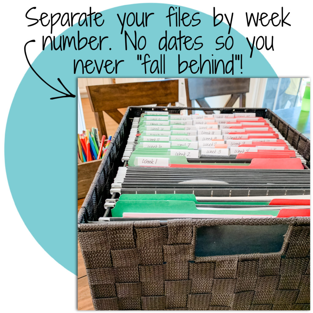 This homeschool file system helps keep our school year organized and on track, and makes lesson planning obsolete! #reverseplanning #homeschoolorganization #organizedhomeschool #lessonplanning #loopschedule #homeschool #schoolprep #homeeducation
