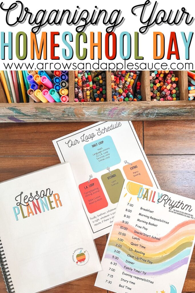 I receive lots of questions about how we organize our homeschool day. Here are my most used tips and resources. #homeschoolschedule #homeschoolrhythm #dailyrhythm #loopschedule #lessonplanning