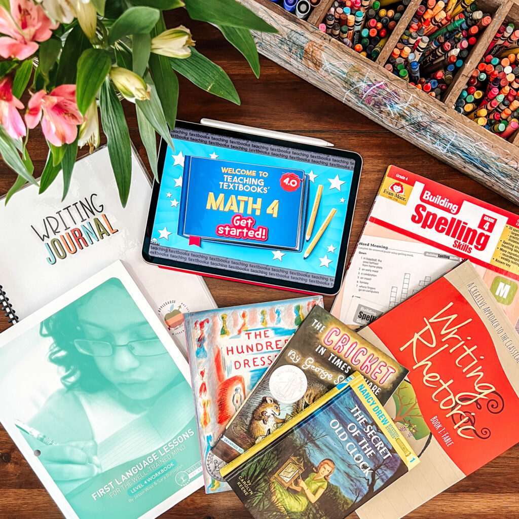 In this post, I'm sharing our first, second, and fourth grade curriculum picks for our 2023-2024 homeschool year! Come take a look! #homeschool curriculum #firstgrade #secondgrade #fourthgrade #homeschoolmath #elementarylanguagearts #allaboutreading #firstlanguagelessons