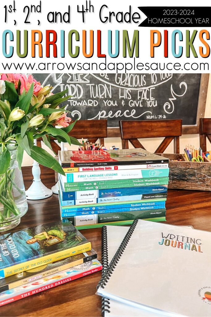 In this post, I'm sharing our first, second, and fourth grade curriculum picks for our 2023-2024 homeschool year! Come take a look! #homeschool curriculum #firstgrade #secondgrade #fourthgrade #homeschoolmath #elementarylanguagearts #allaboutreading #firstlanguagelessons