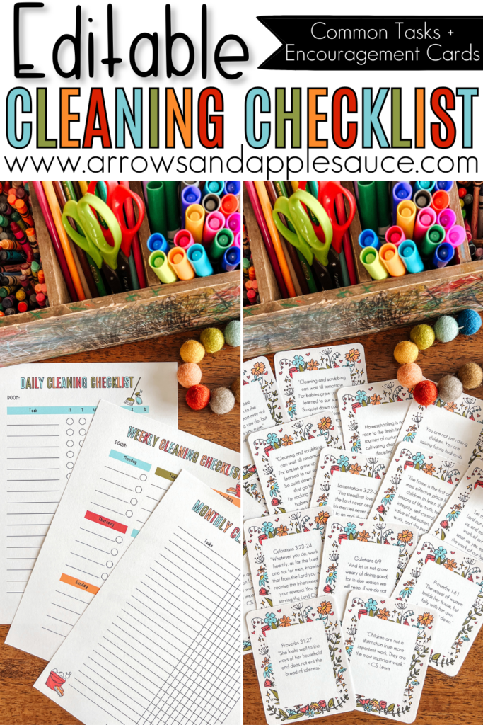 The combination of homemaking and homeschooling makes the to-do list feel longer than the day allows, but these resources can help! #homeschoolingandhomemaking #dailycleaningchecklist #Monthlycleaning #editablecleaningschedule #kidschores #cleaningroutine