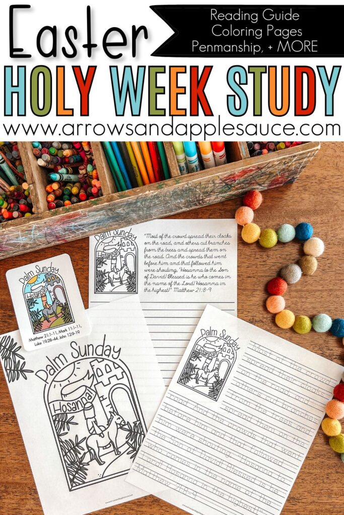 Enjoy a Christ-centered Holy Week activity set for growing hearts and minds! Includes a reading guide, penmanship pages, coloring, and more! #Holyweek #Easter #Christianhomeschool #KidsEasterStudy #Biblestudy #Christianparenting #holyweekbiblestudy #Easterreadingguide