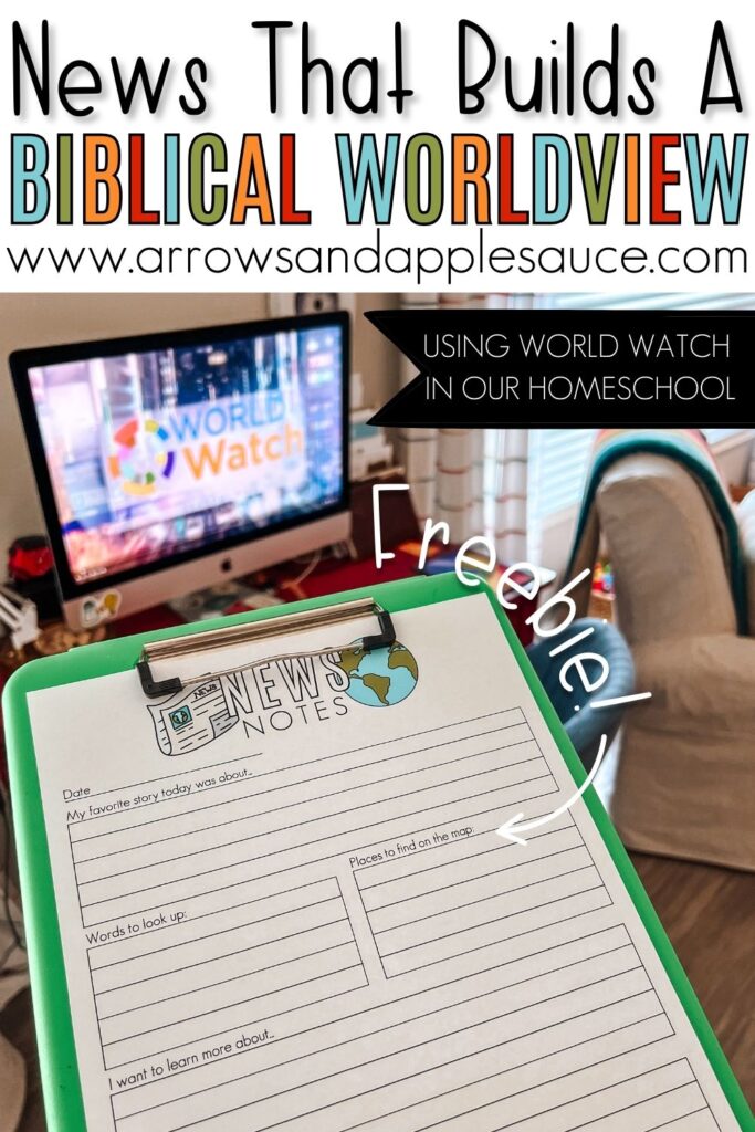 A biblically grounded review of World Watch News. How this 10-minute daily news show fits into a Christian homeschool routine. Plus a free News Notes page! #currentevents #kidsnews #worldwatchnews #dailynews #christianhomeschool #homeschoolresources #freeprintable